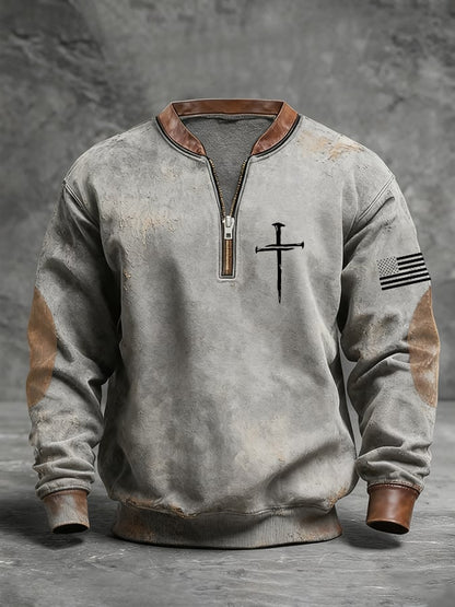 Men's Retro Faith Cross Print Zipper Stand Collar Long Sleeve Sweatshirt