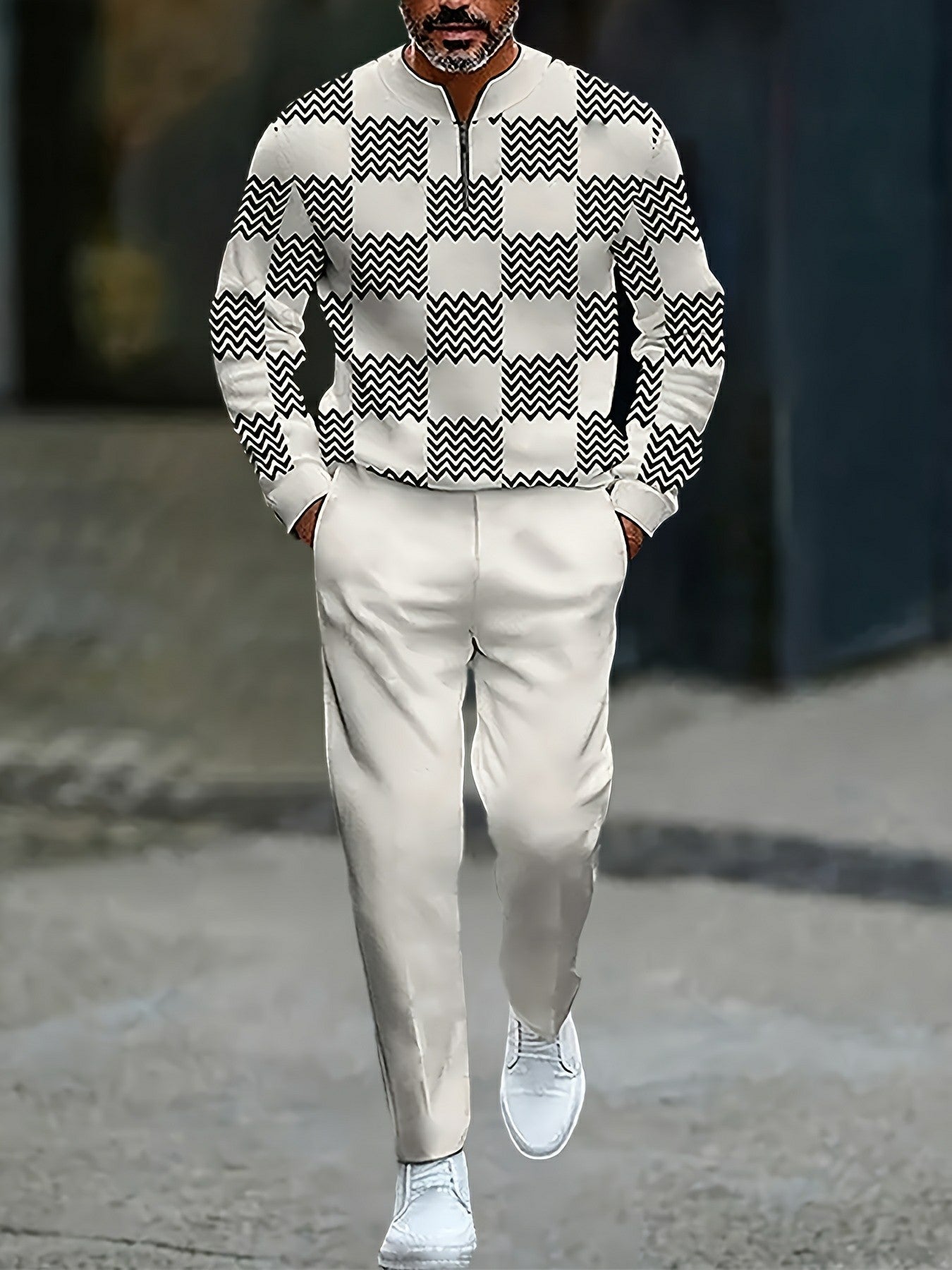 Men's Casual White & Black Color Matching Striped Printed Round-Neck Zipper Long Sleeved Trousers Two-Piece Set