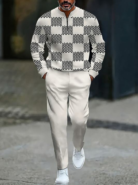 Men's Casual White & Black Color Matching Striped Printed Round-Neck Zipper Long Sleeved Trousers Two-Piece Set
