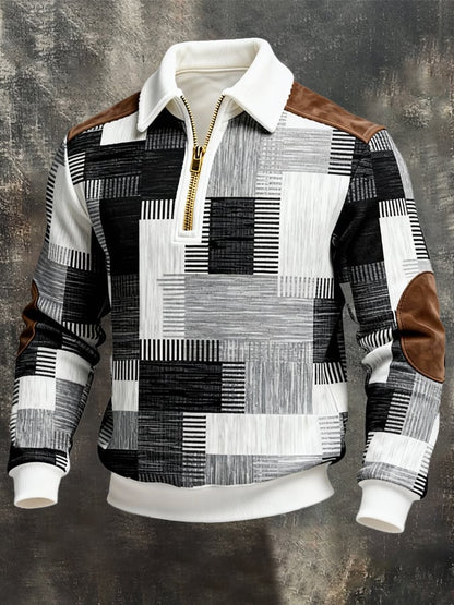 Men's Retro Color Block Print Zipper Sweatshirt
