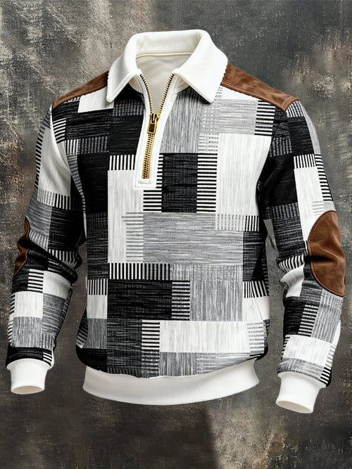 Men's Retro Color Block Print Zipper Sweatshirt