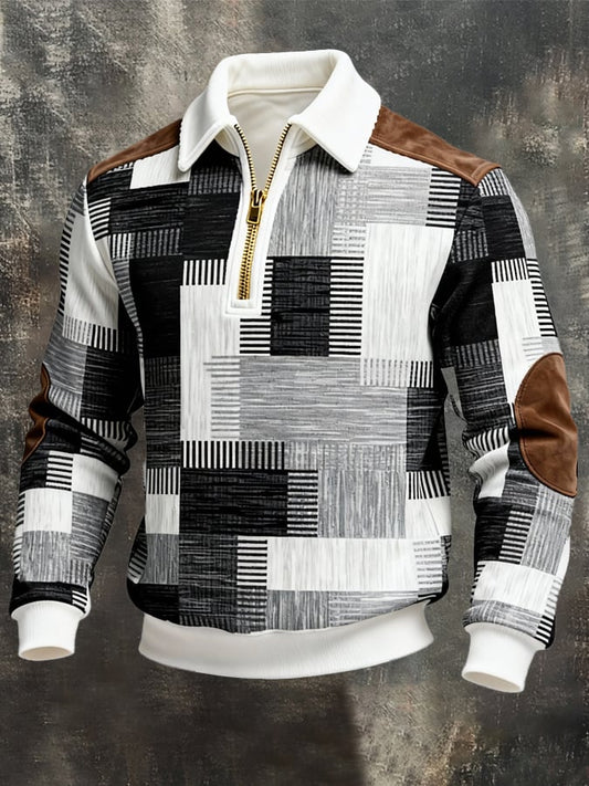 Men's Retro Color Block Print Zipper Sweatshirt