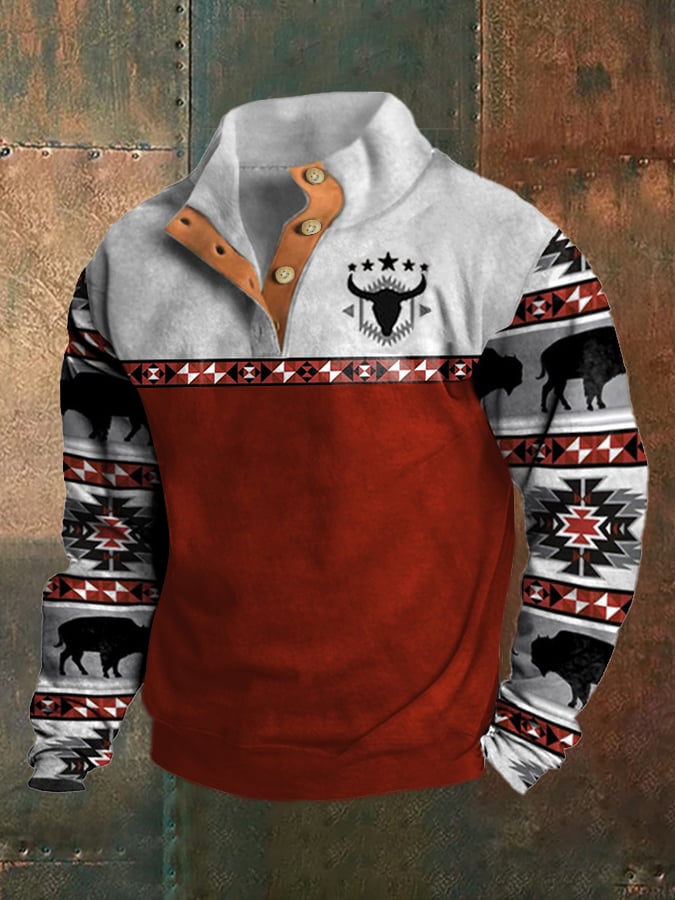 Men's Western Style Printed Stand Collar Button Sweatshirt
