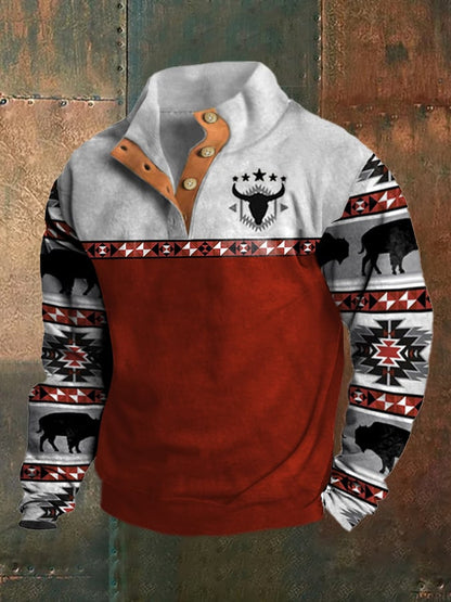 Men's Western Style Printed Stand Collar Button Sweatshirt