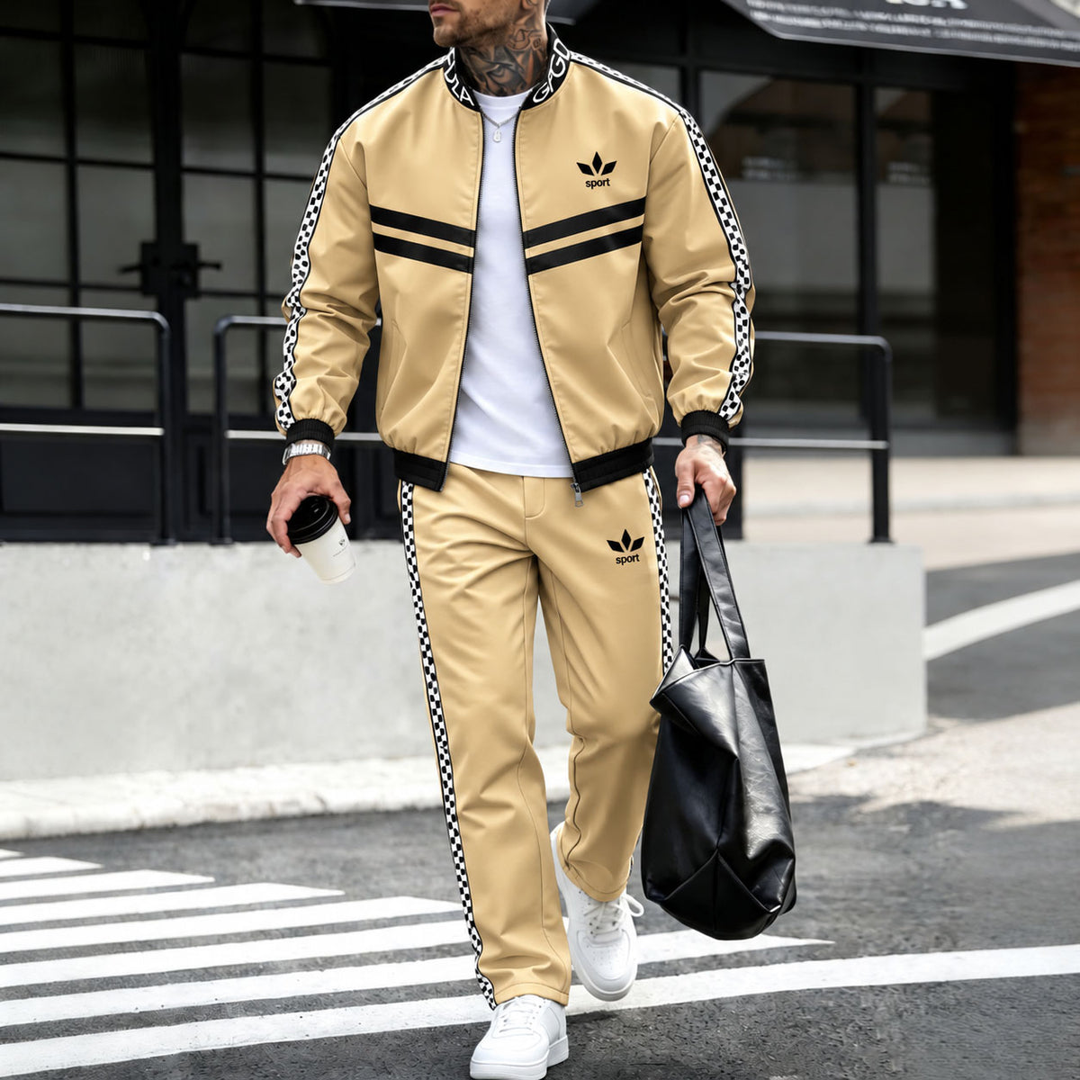 Men's Two-Piece Set: Color-Blocked Printed Fleece-Lined Jacket and Pants