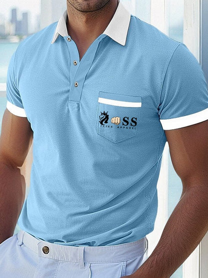Men's Casual Comfortable Breathable Retro Letter Print Polo Shirt with Pockets