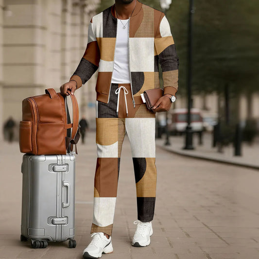 Men's Two-Piece Set: Color-Blocked Printed Zip-Up Cardigan and Pants
