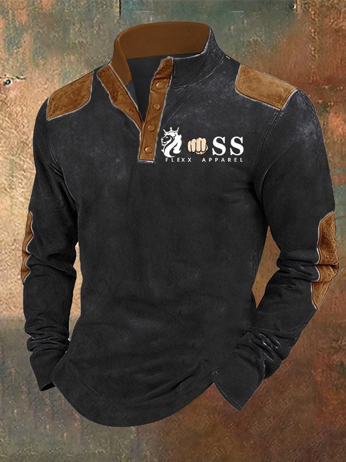 Men's Retro Letter Contrast Color Design Stand Collar Sweatshirt
