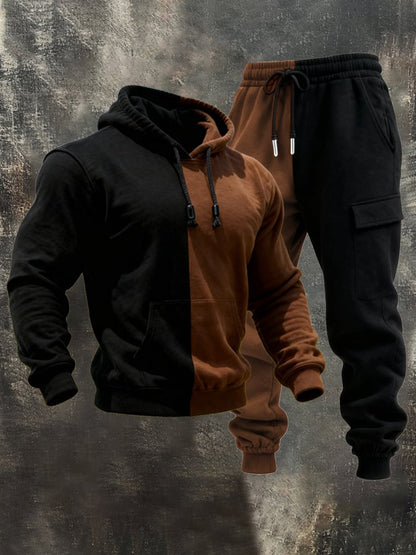 Men's Retro Stitching Contrast Color Hooded Casual Sweatshirt Suit