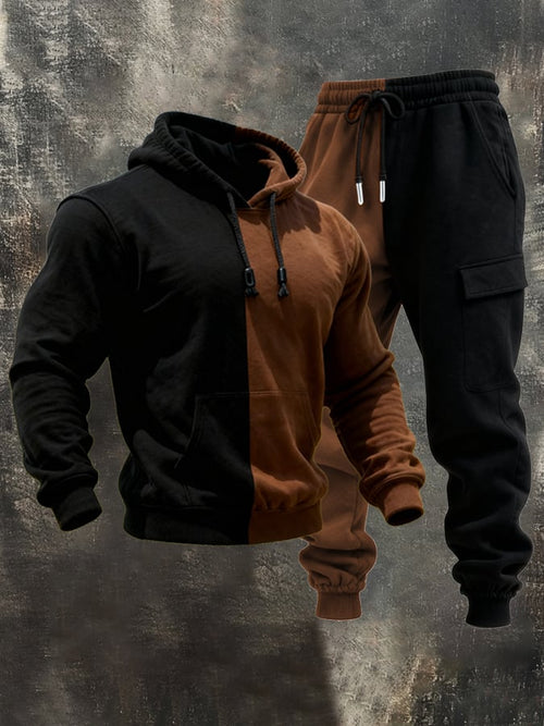 Men's Retro Stitching Contrast Color Hooded Casual Sweatshirt Suit