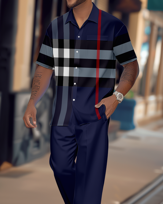 Men's Gradient Color Block Short Sleeve Shirt Walking Suit 1160