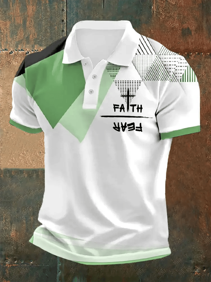 Men's Retro Faith “Faith Over Fear�? Casual Printed Polo Shirt