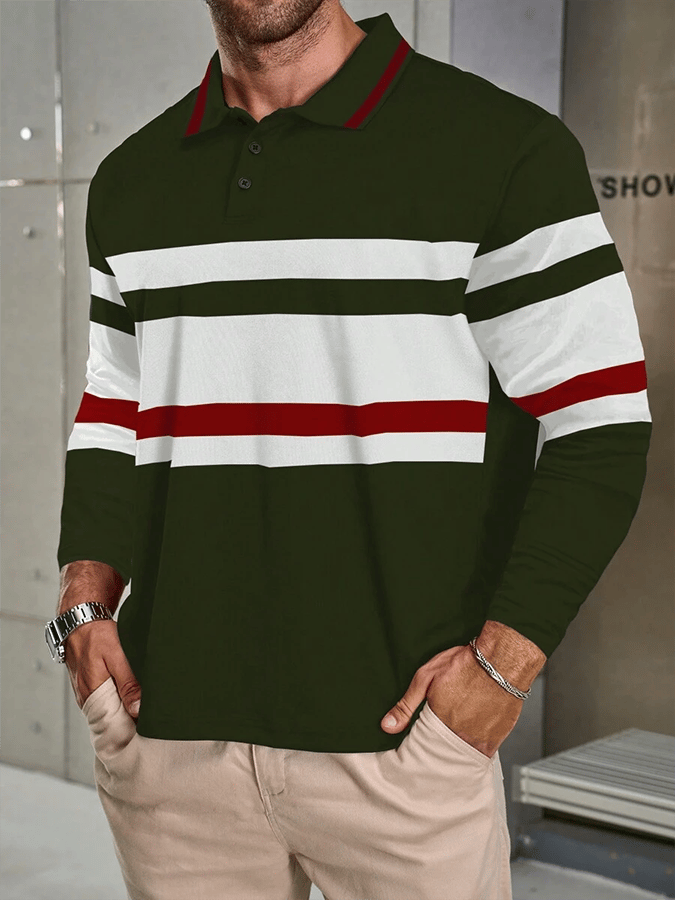 Men's Striped Business Casual Long Sleeve Polo Shirt