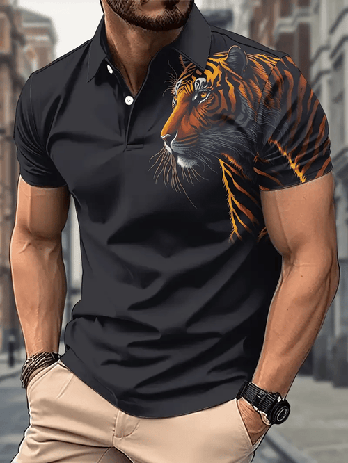 Men's Business Stripe Logo Button-Down Short Sleeve Polo Shirt