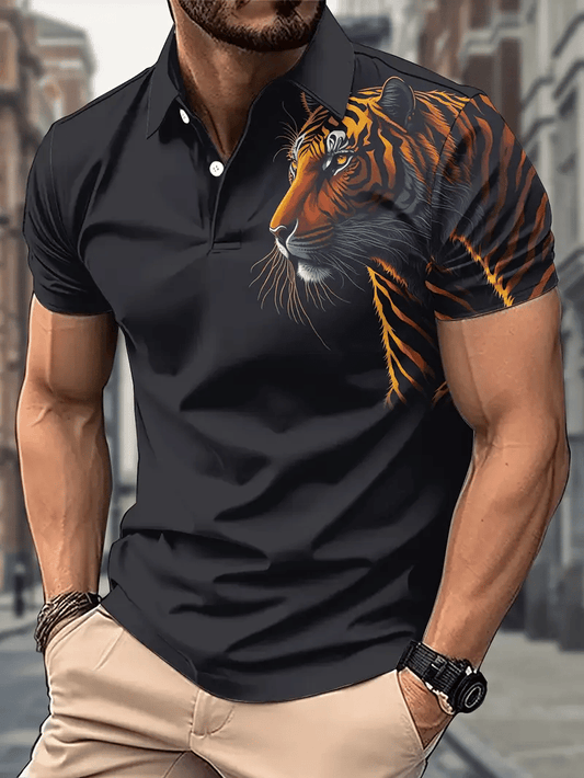 Men's Business Stripe Logo Button-Down Short Sleeve Polo Shirt