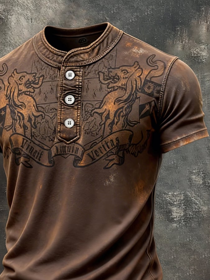 Men's Retro Print Color Block Henley Collar Short-Sleeve Top