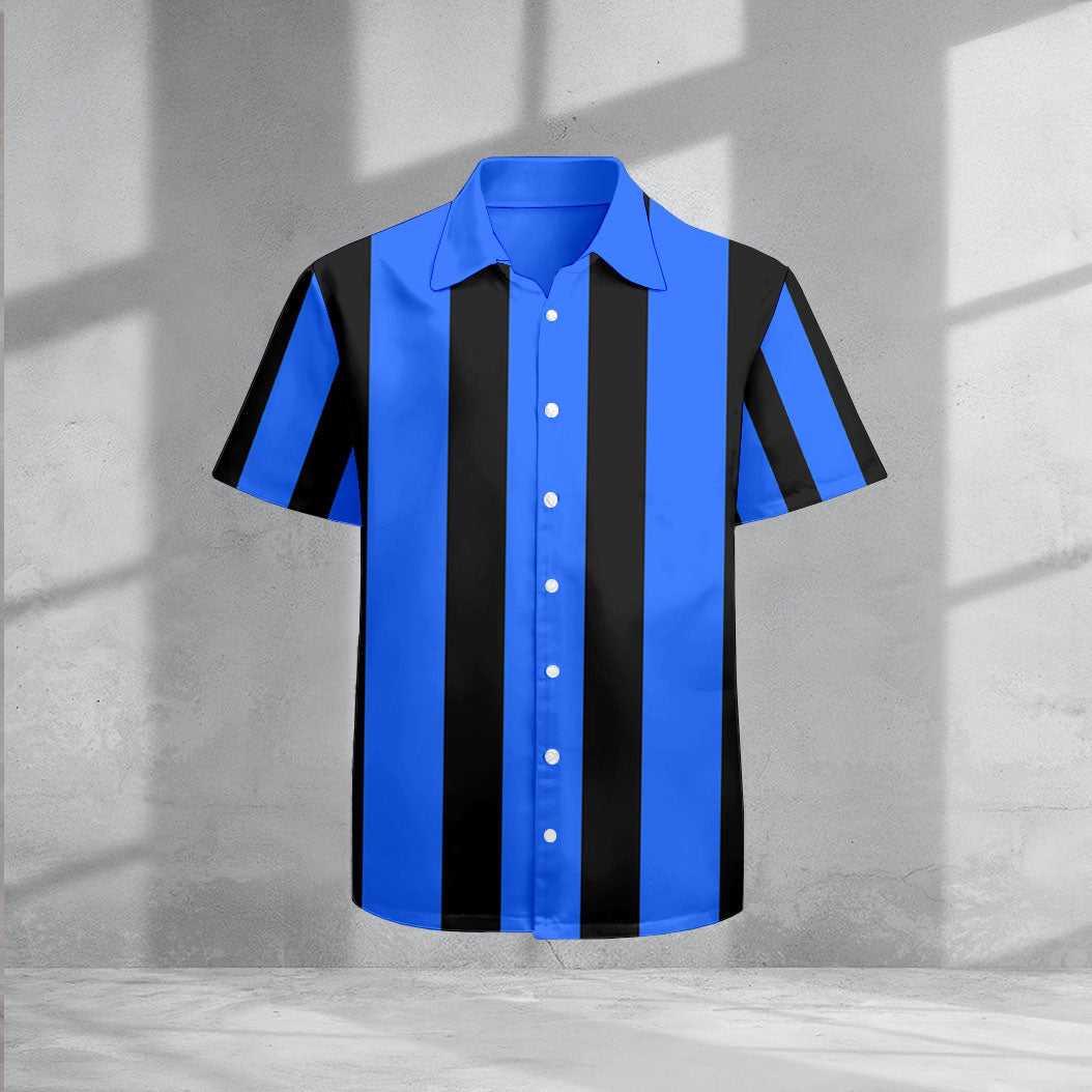 Men's Casual Lapel Royal Blue & Black Striped Printed Short Sleeve Shirts