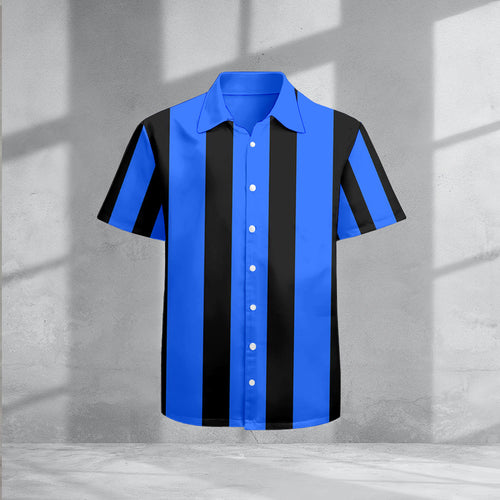 Men's Casual Lapel Royal Blue & Black Striped Printed Short Sleeve Shirts