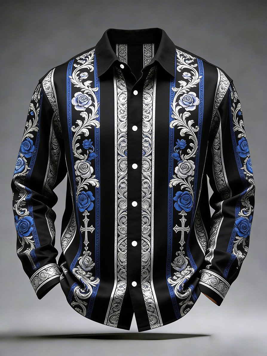 Men's Retro Business Casual Striped Cross Pattern Long-Sleeved Shirt