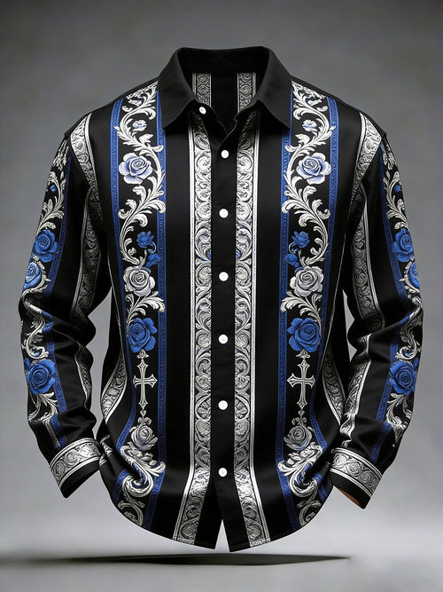 Men's Retro Business Casual Striped Cross Pattern Long-Sleeved Shirt