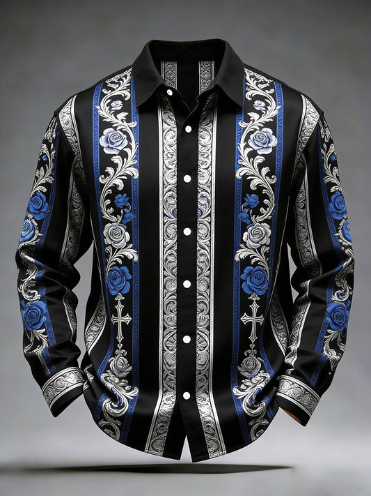 Men's Retro Business Casual Striped Cross Pattern Long-Sleeved Shirt