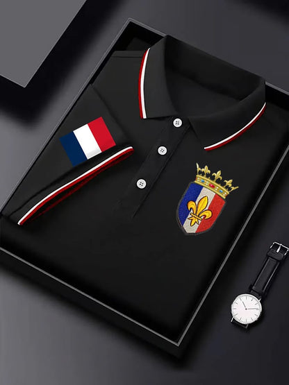 Men's Short-Sleeved French Badge Printed Button-down POLO Shirt