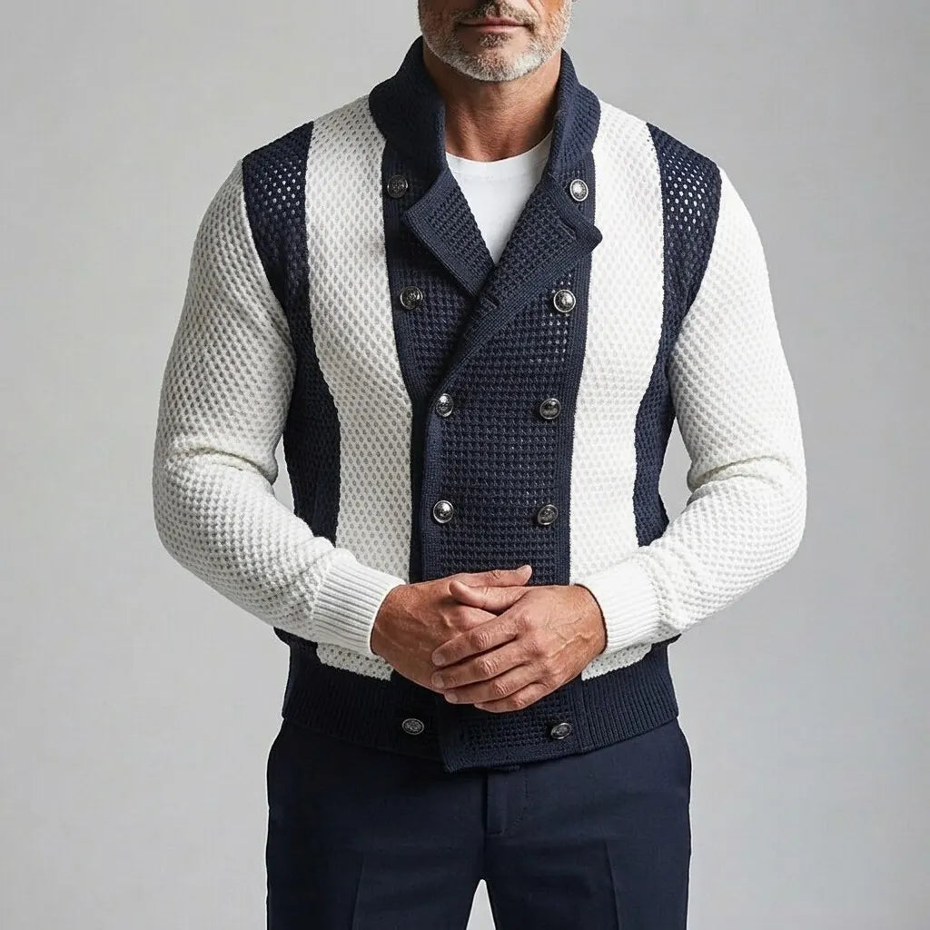 Men's Colorblock Stand Collar Double-Breasted Mesh Hollow Out Cardigan