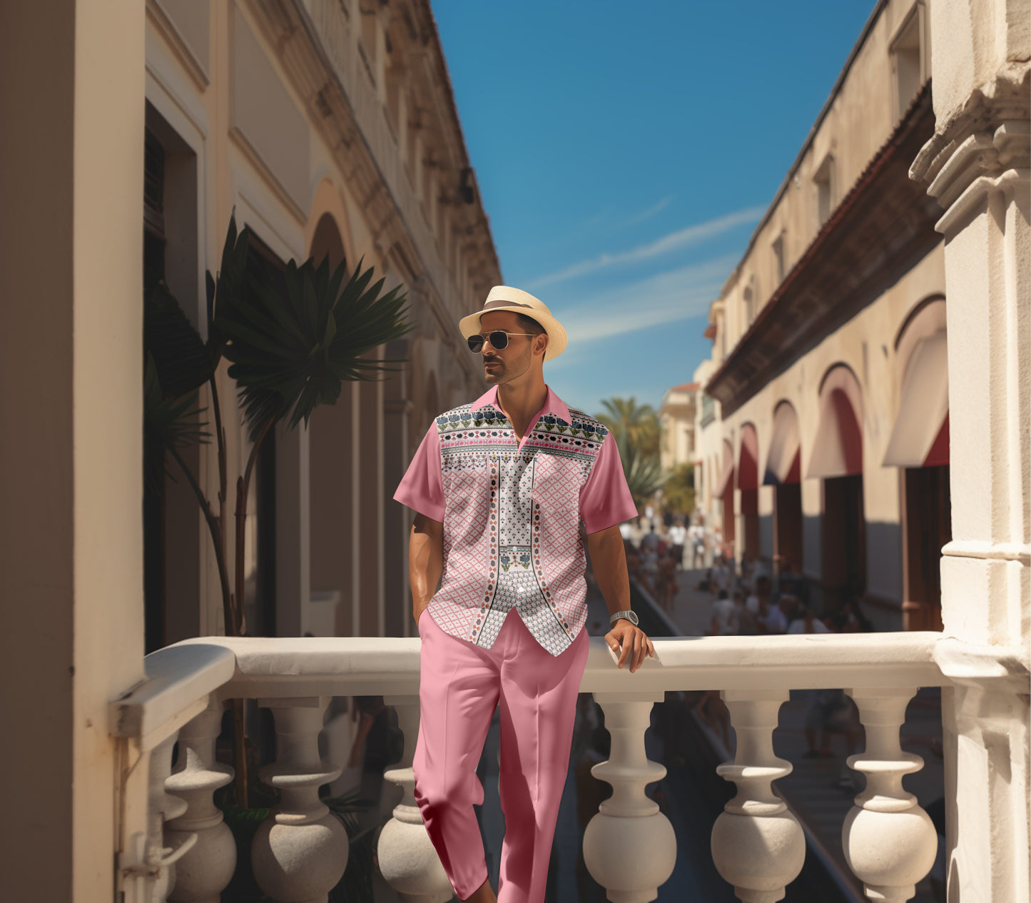 Men's retro colorblock short-sleeved shirt walking Suit 1661