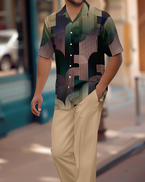 Men's Retro Colorblock Short Sleeve Shirt Walking Suit 1154
