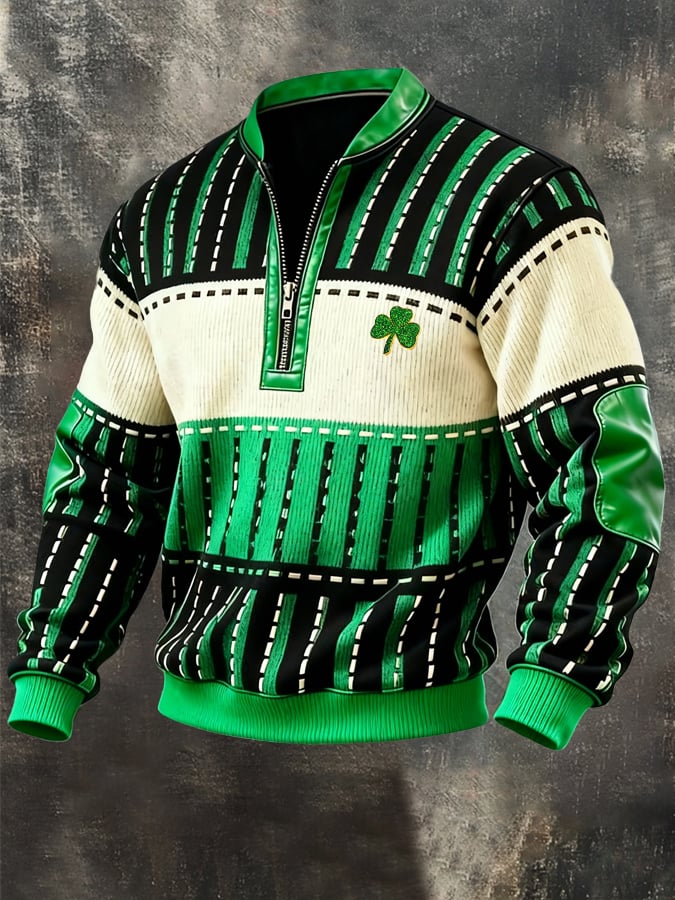 (Detachable Shamrock Brooch Included) Men's Casual St. Patrick's Day Color-Block Half-Zip Stand-Collar Long-Sleeved Sweatshirt