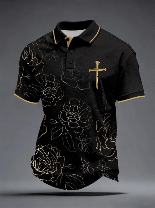 Men's Retro Faith Cross Print Casual Polo Shirt