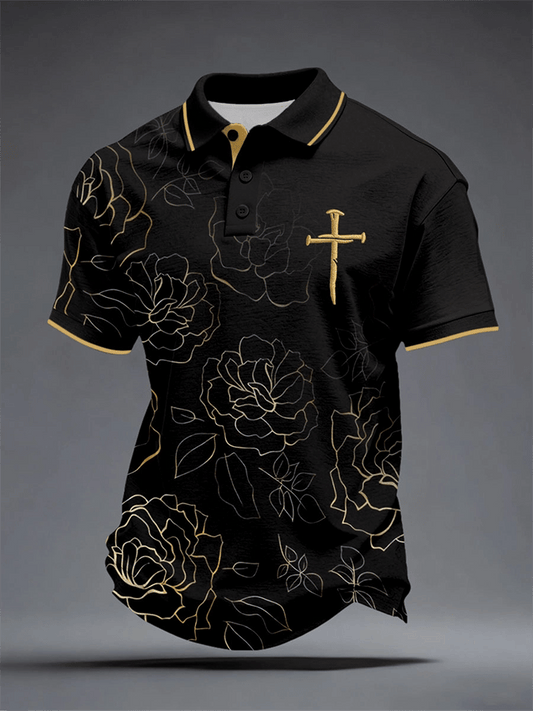 Men's Retro Faith Cross Print Casual Polo Shirt