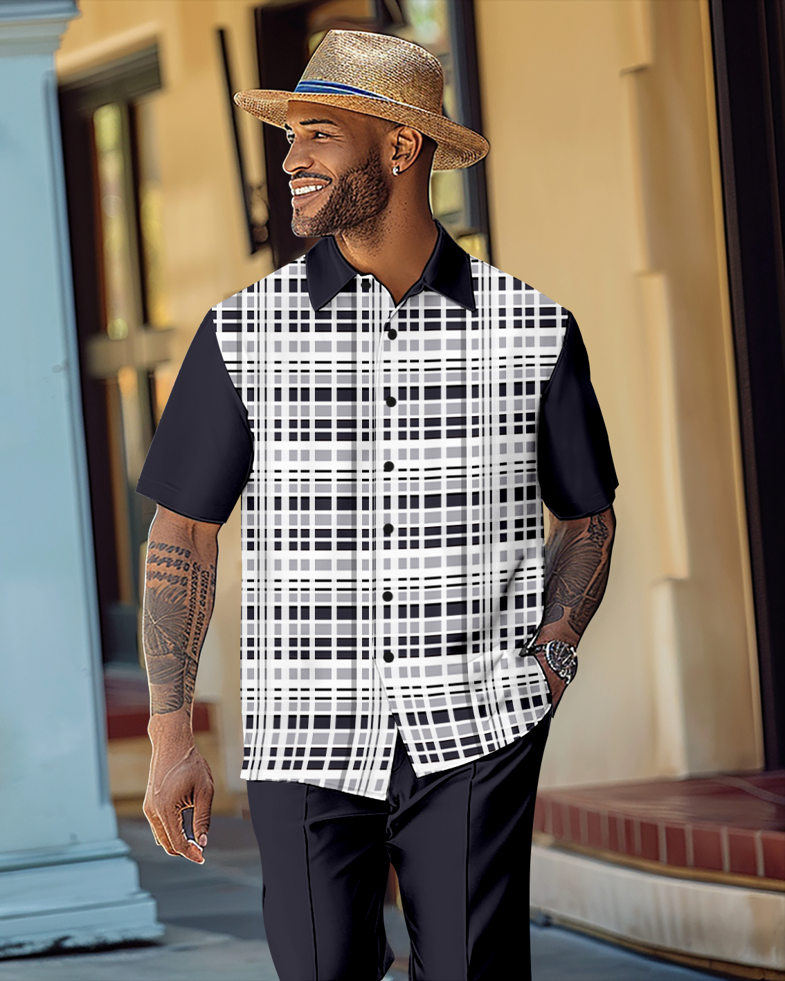 Men's Retro Gorgeous Short Sleeve Shirt Walking Suit 1067