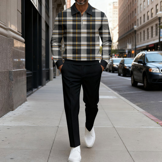 Men's Casual Color Matching Checked Printed Polo-Collar Zipper Long Sleeved Trousers Two-Piece Set