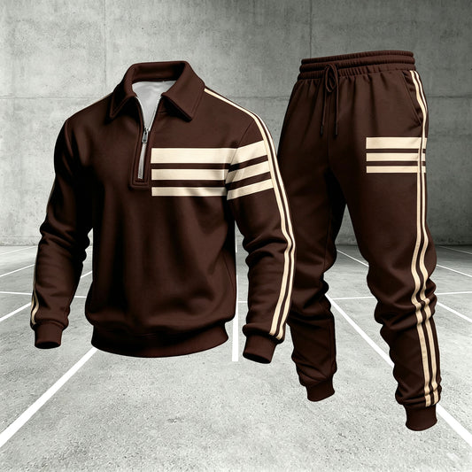 Men's Printed Zipper Polo Shirt and Pants Set