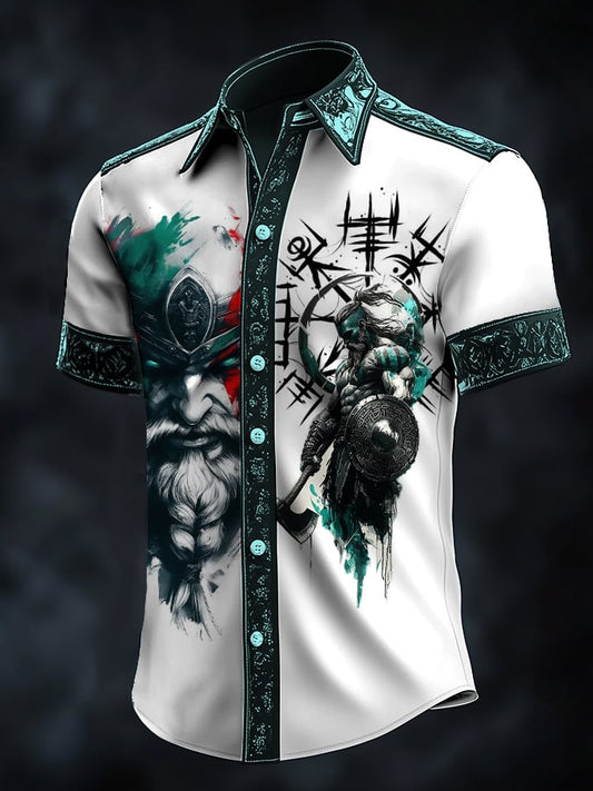 Men's casual vintage Viking portrait satin shirt
