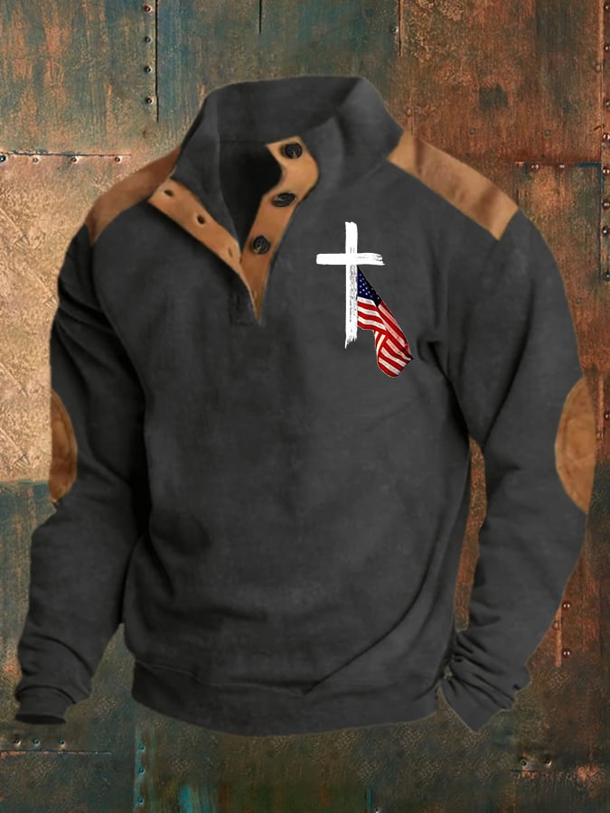 Men's Retro Western Color Block  Belief Print Long Sleeve Sweatshirt