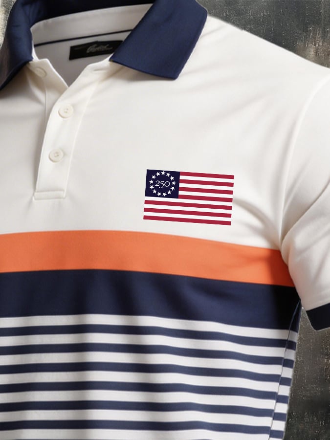 Men's Retro Patriotic Color-Block Short-Sleeve Polo Shirt