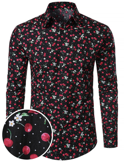 Men's Cherry Print Breathable Cotton Black Long Sleeve Shirt