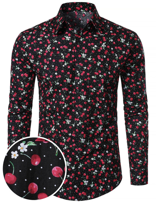 Men's Cherry Print Breathable Cotton Black Long Sleeve Shirt