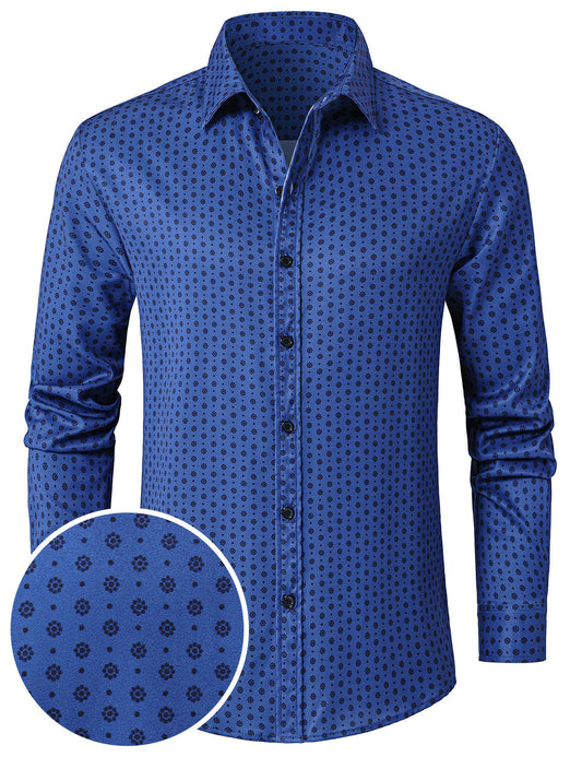 Men's Blue Retro Geometric Print Long Sleeve Shirt