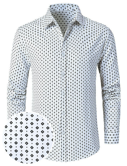 Men's White Retro Geometric Print Long Sleeve Shirt