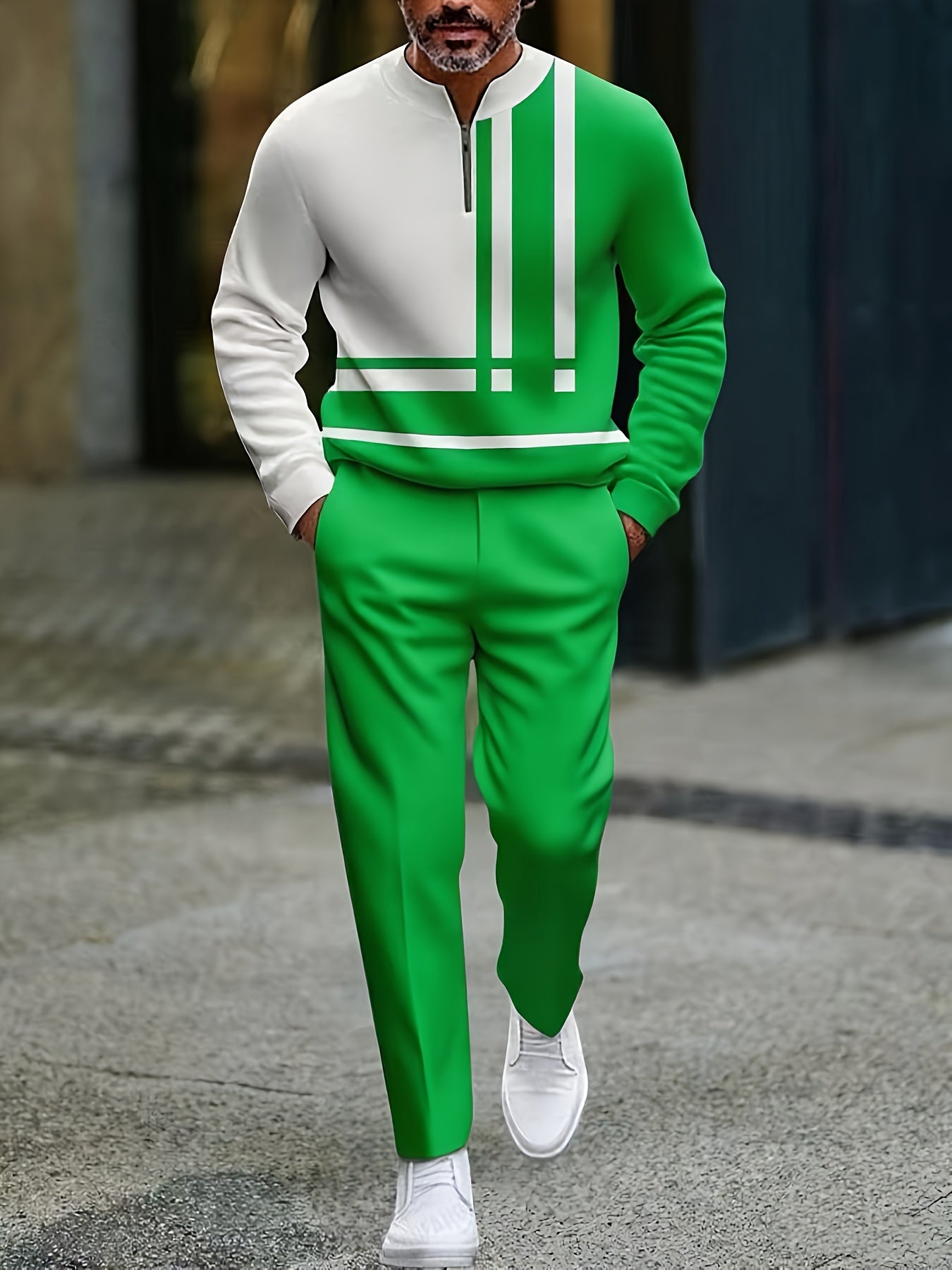 Men's Casual Green & White Color Matching Geometric Printed Round-Neck Zipper Long Sleeved Tops & Trousers Two-Piece Set
