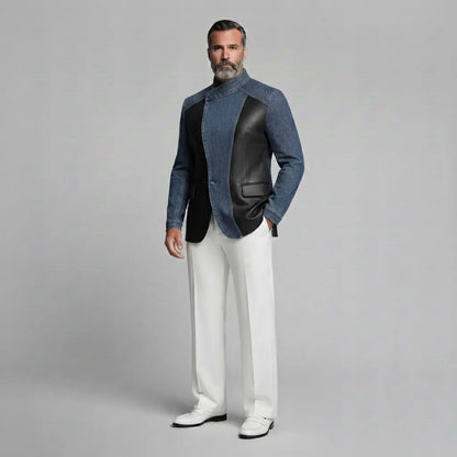 Men's Denim PU Leather Patchwork Colorblock Stand Collar Slim Fit Wrap Jacket