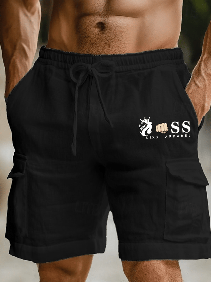 Men's Retro Letter Print Casual Cargo Bag Shorts