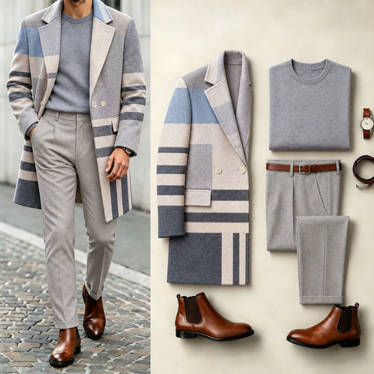 Men's Geometric Print Suit Set: Coat, Knit Sweater, and Pants