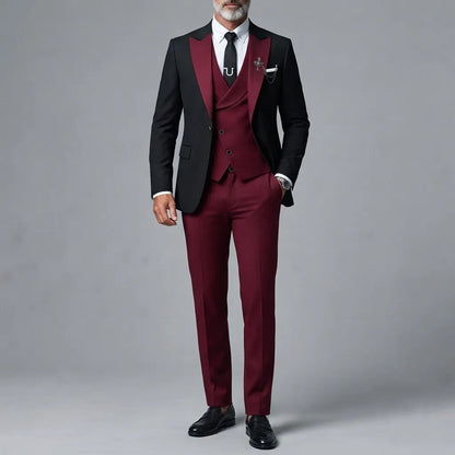 Men's Business Contrast Peak Lapel Blazer & Asymmetric Button Shawl Lapel Vest & Pants 3Pcs Suit