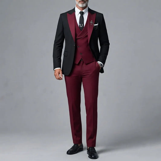 Men's Business Contrast Peak Lapel Blazer & Asymmetric Button Shawl Lapel Vest & Pants 3Pcs Suit
