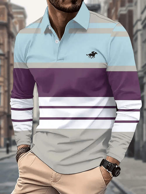 Men's Retro Business Stripe Print Long Sleeve Polo Shirt