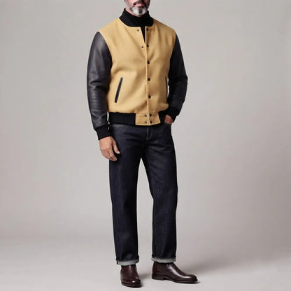 Men's Vintage Woolen Contrast Spliced PU Leather Long Sleeve Button Up Bomber Jacket